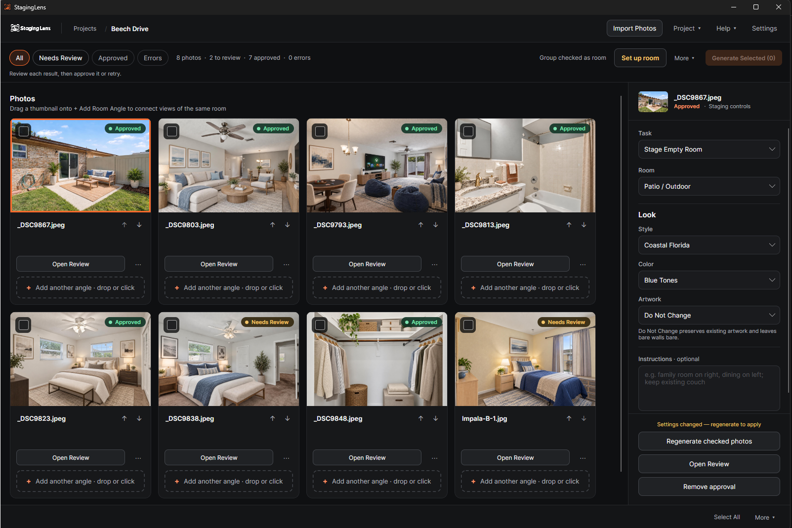 The StagingLens desktop app staging a whole listing: a grid of staged photos with approval status, and staging controls for task, room, style, color and artwork