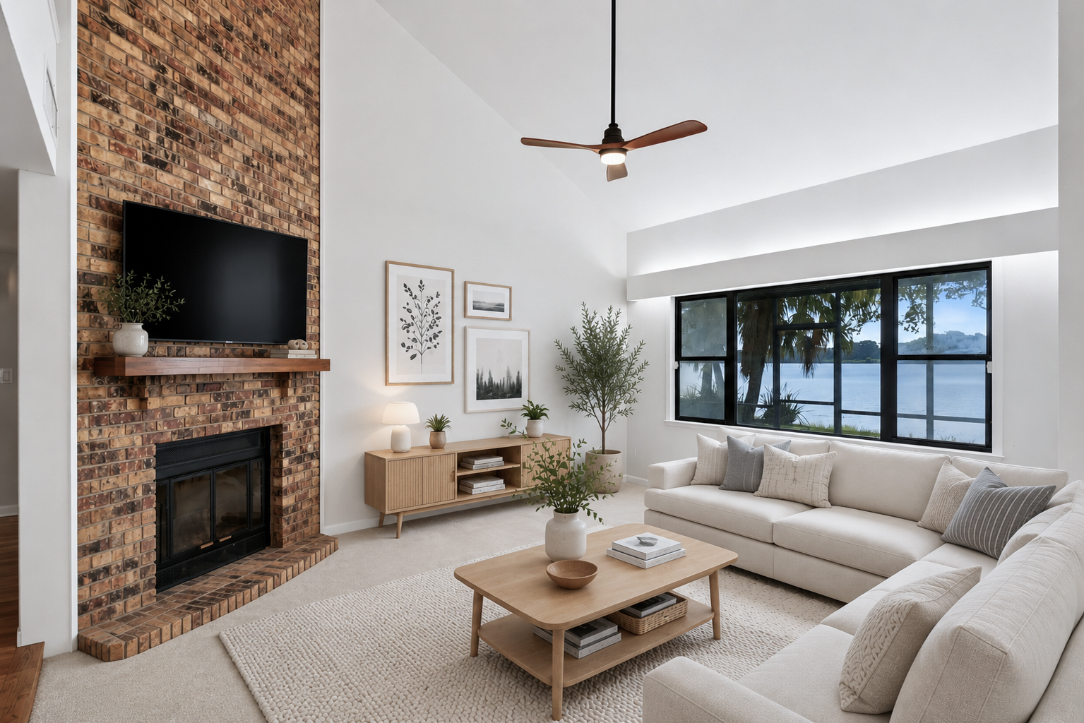Virtually furnished living room with a brick fireplace, sectional sofa, coffee table and rug