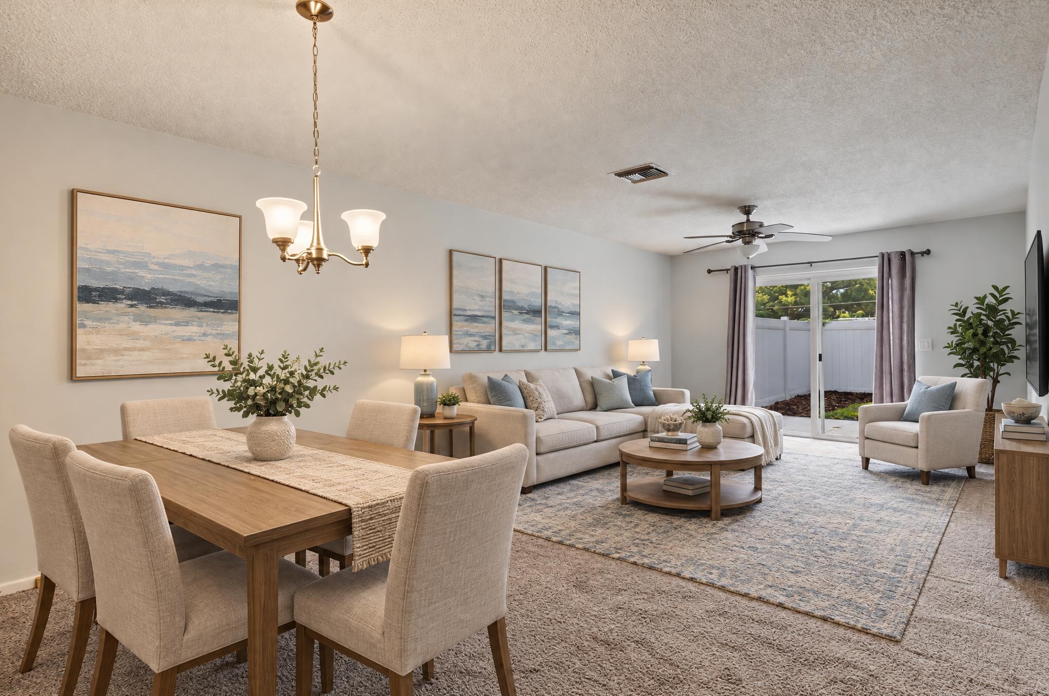 Virtually staged living and dining room viewed from the dining area, with a cream sofa, blue accents and wood furniture