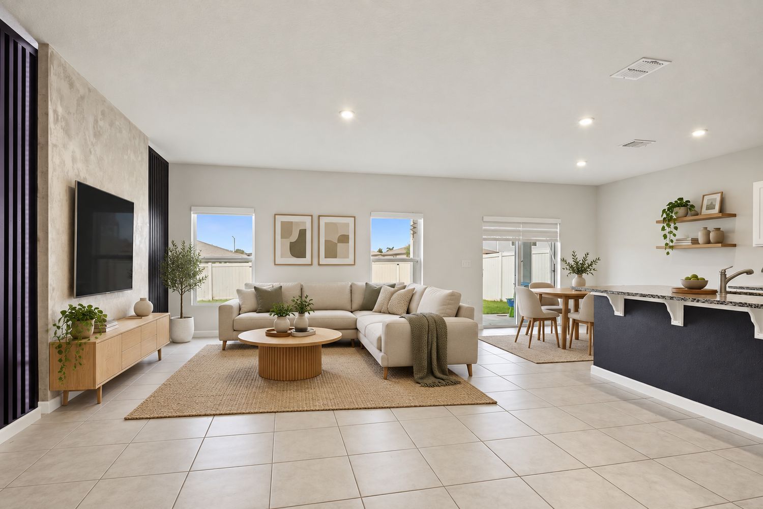 Virtually staged: open living room with a sectional sofa, round coffee table, media console and dining set