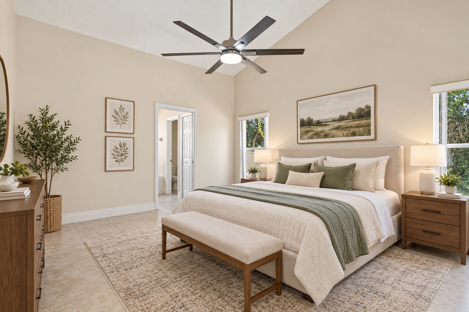 Virtually staged: primary bedroom with an upholstered bed, bench, nightstands, rug and art