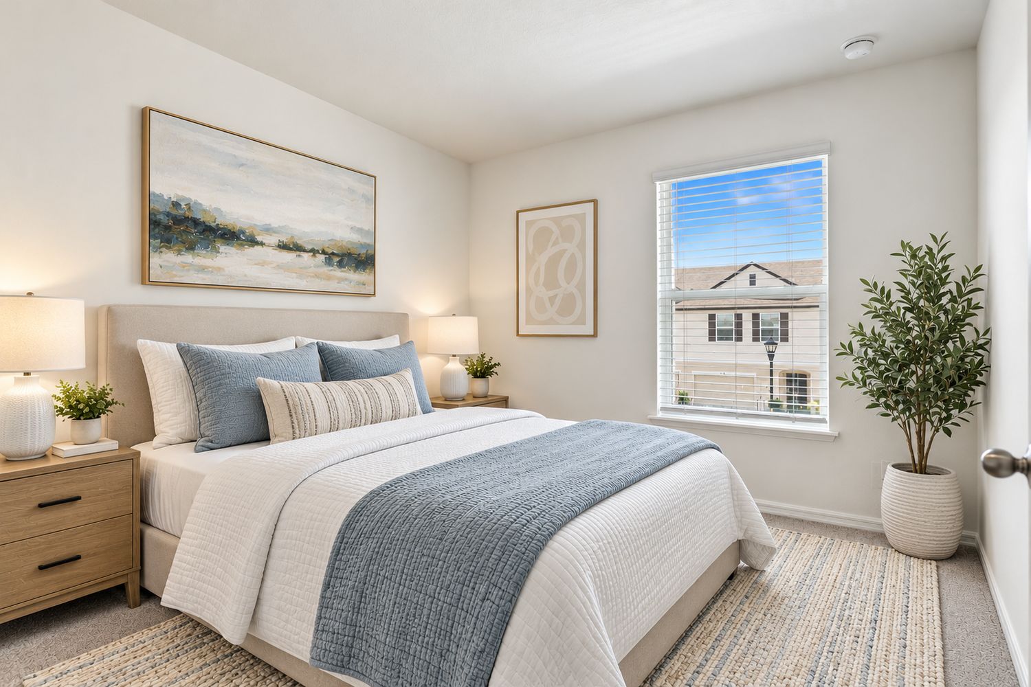 Virtually staged: small bedroom with a queen bed, nightstands, art, a rug and a potted tree