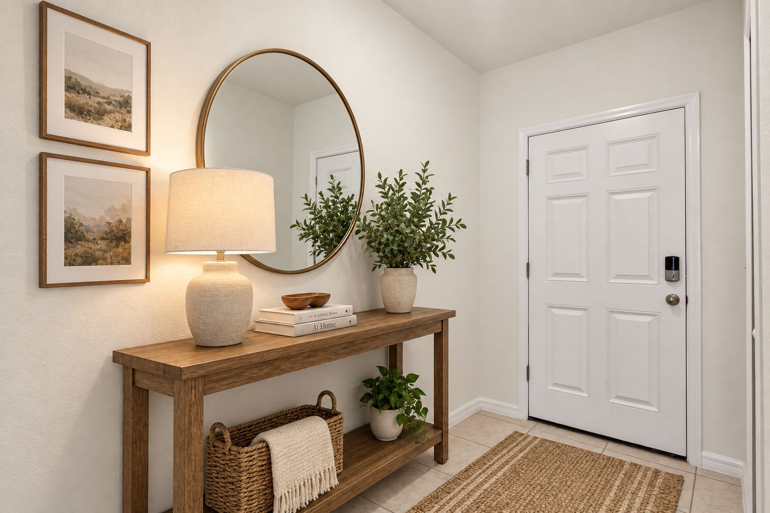 Virtually staged: entry with a wood console table, round mirror, lamp, plants and a runner