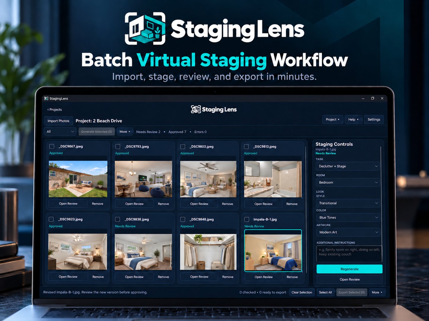 The StagingLens desktop app staging a whole listing: a grid of staged photos with approval status, and staging controls for task, room, style, color and artwork